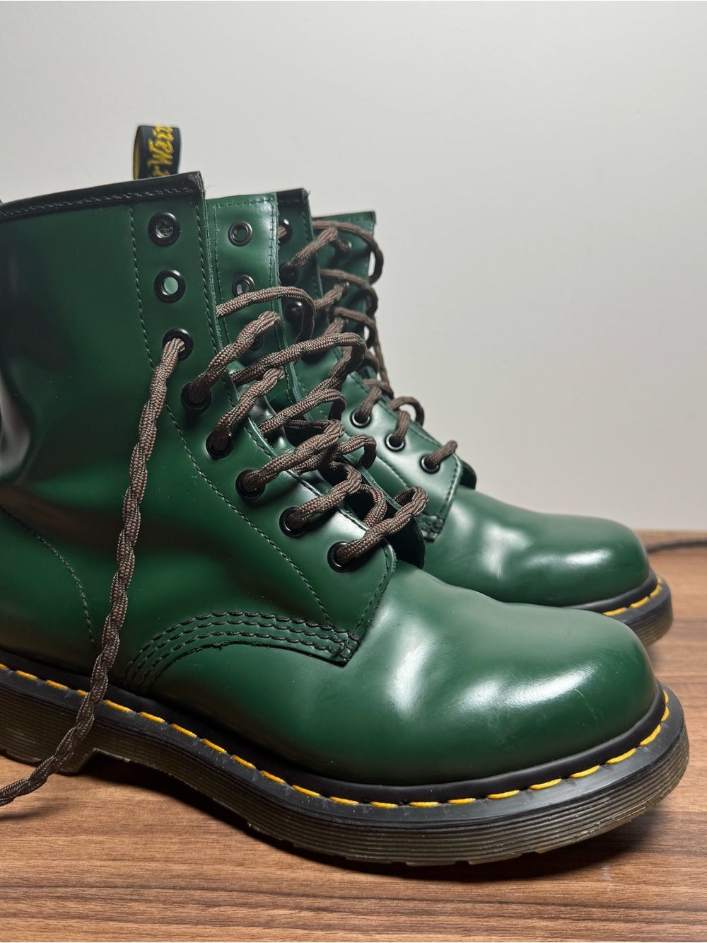 Dr. Martens Green Leather Lace-Up Boots with Yellow Stitching